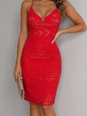 Papaya Red Lace Bodycon Midi Dress | Size Medium | Strappy V-Neck Cocktail Dress